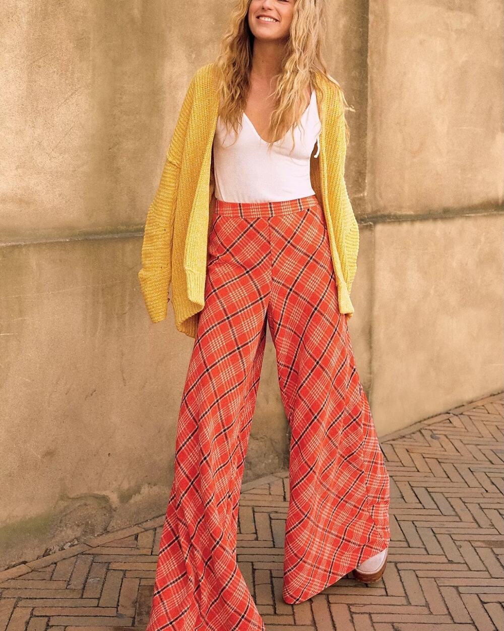 Free People Wonderland Chenille Plaid Wide Leg Pants size M Orange High Rise